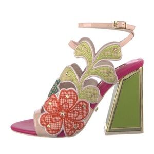 Decorative Pink Floral Block Heel Sandals with Green Accents